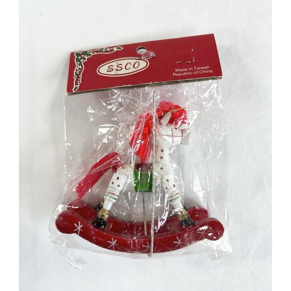 New Vintage 1980's SSCO Wood Rocking Horse Christmas Tree Ornament White & Red - Picture 3 of 5